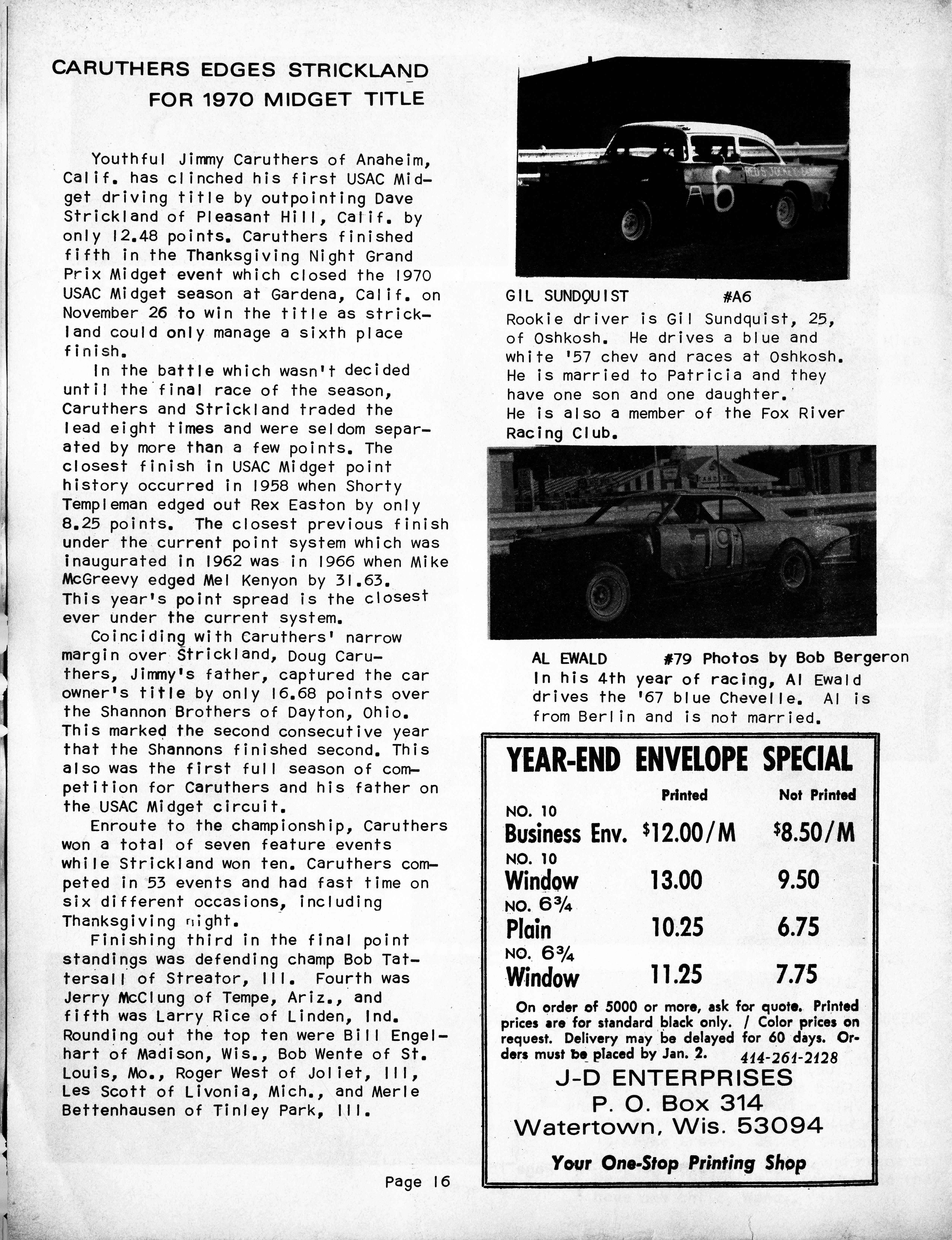 Checkered Flag Racing News December 1, 1970 back cover