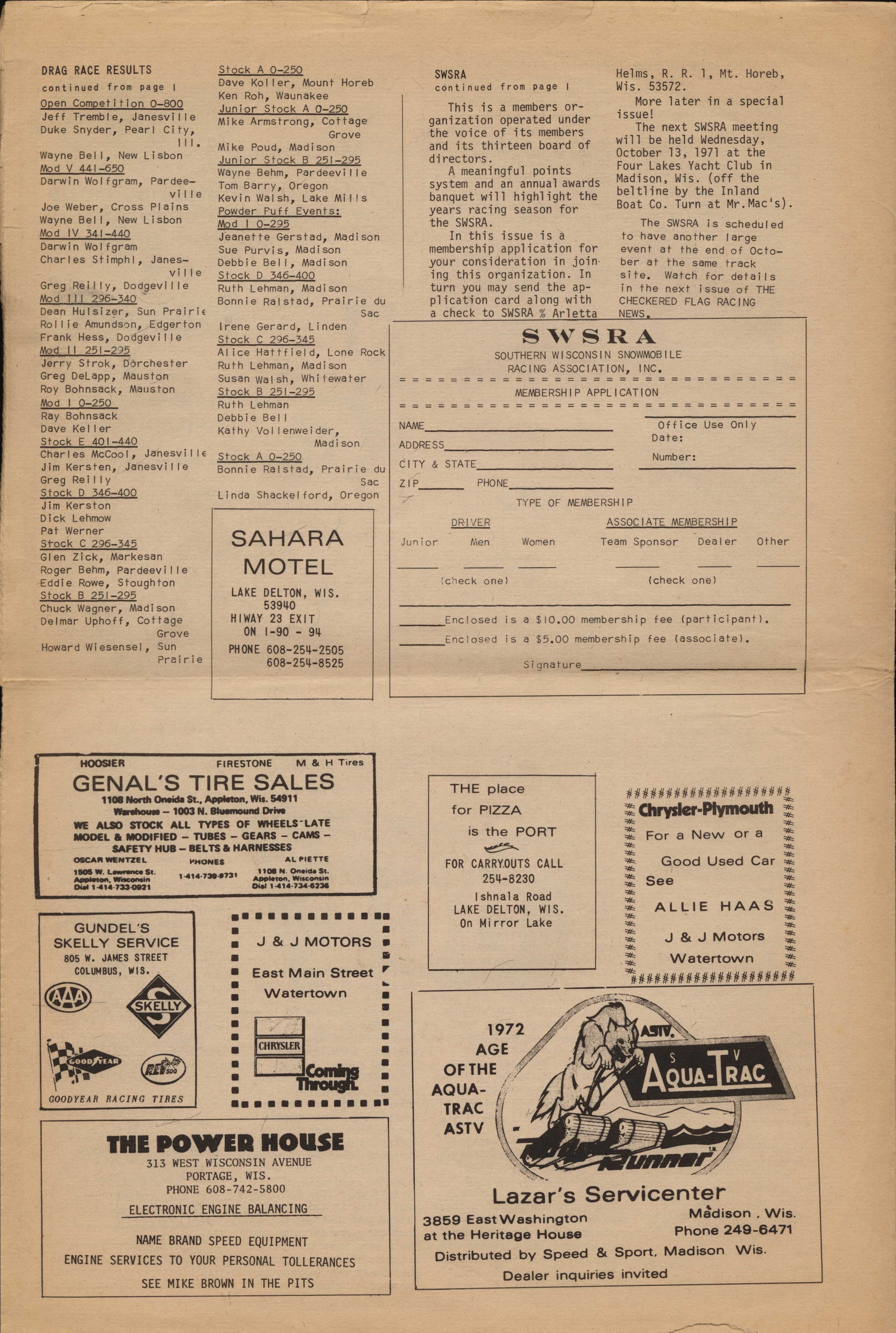 Checkered Flag Racing News September 30, 1971 back cover