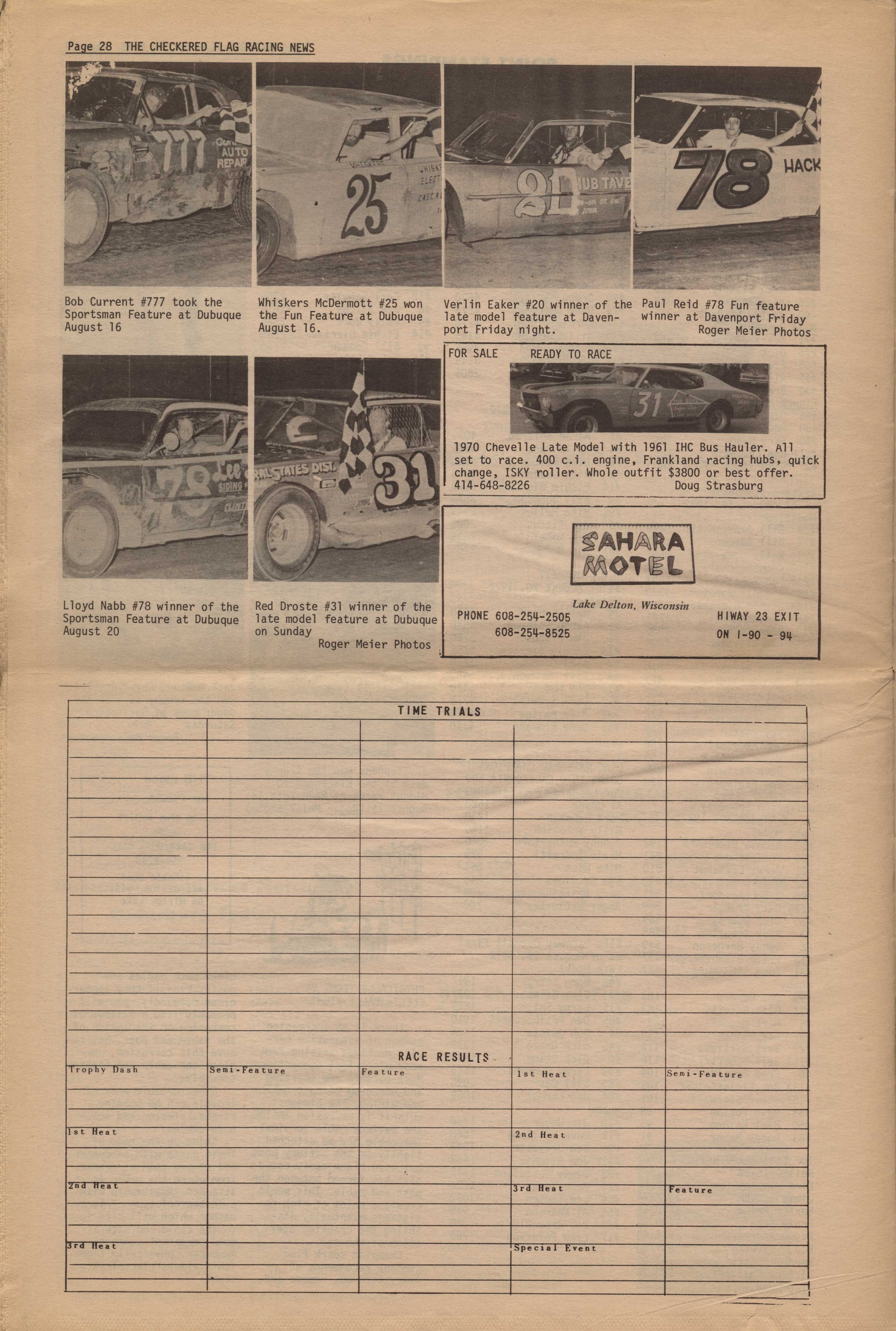 Checkered Flag Racing News August 23, 1972 back cover