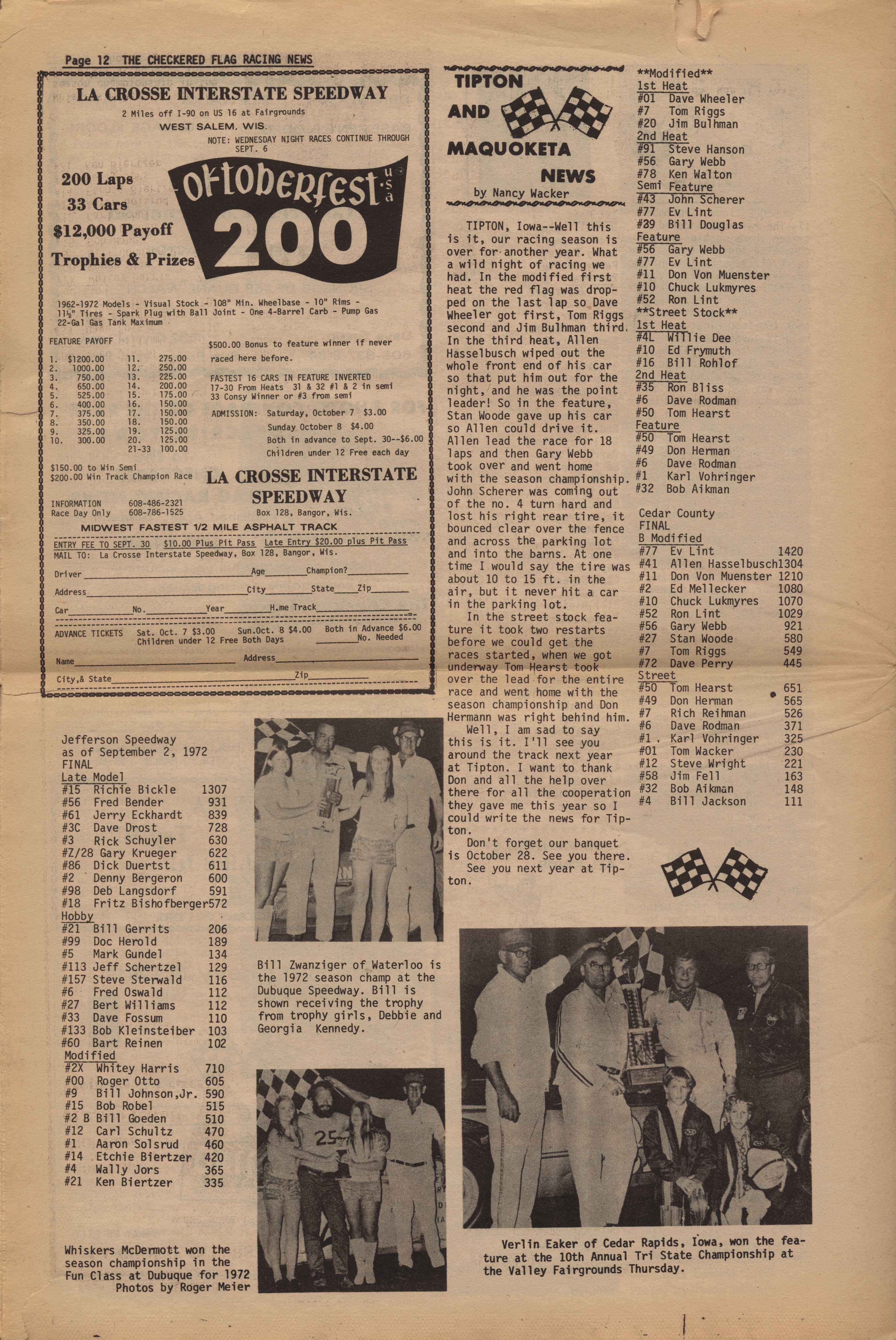 Checkered Flag Racing News September 20, 1972 back cover