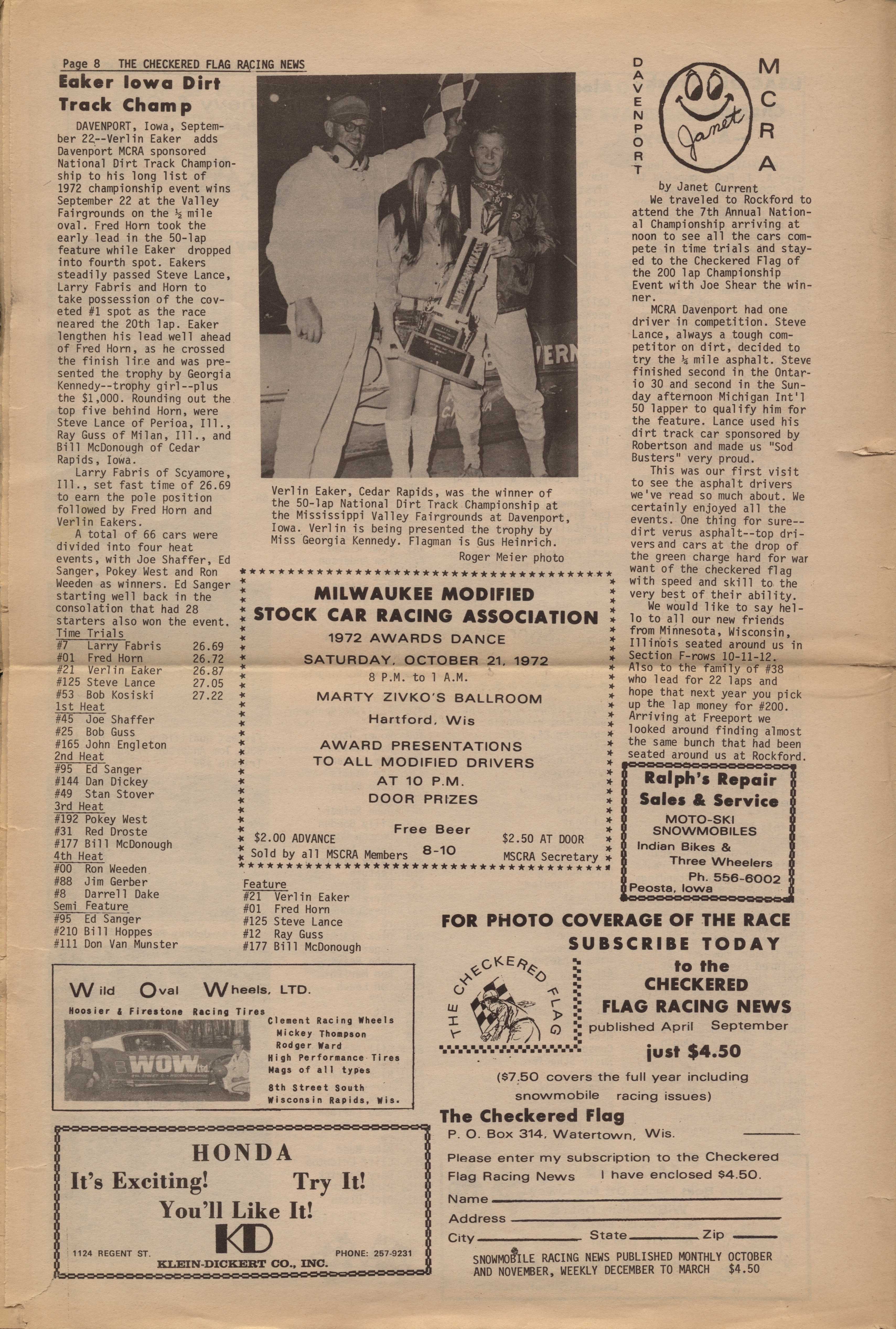 Checkered Flag Racing News October 4, 1972 back cover