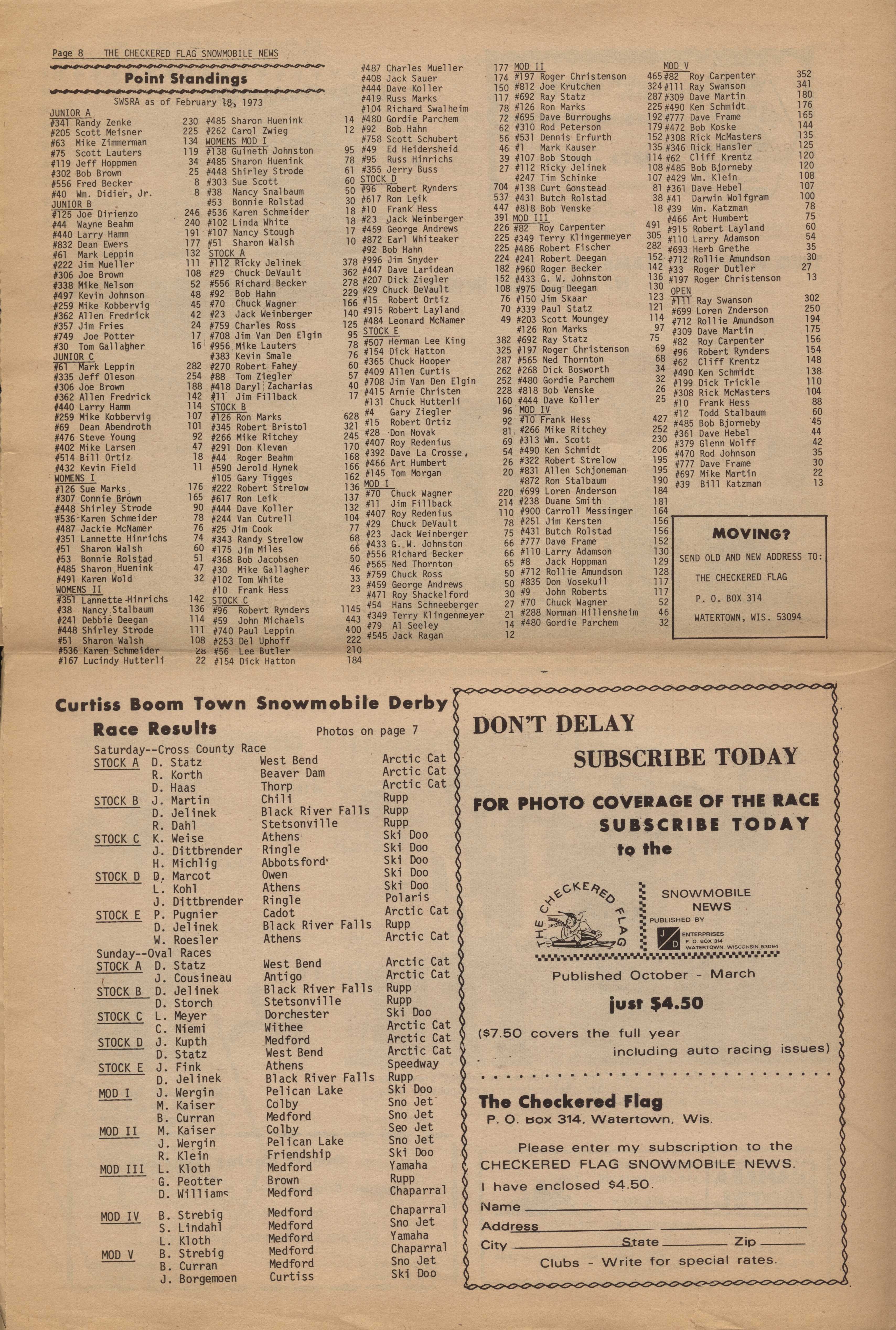 Checkered Flag Racing News February 21, 1973 back cover