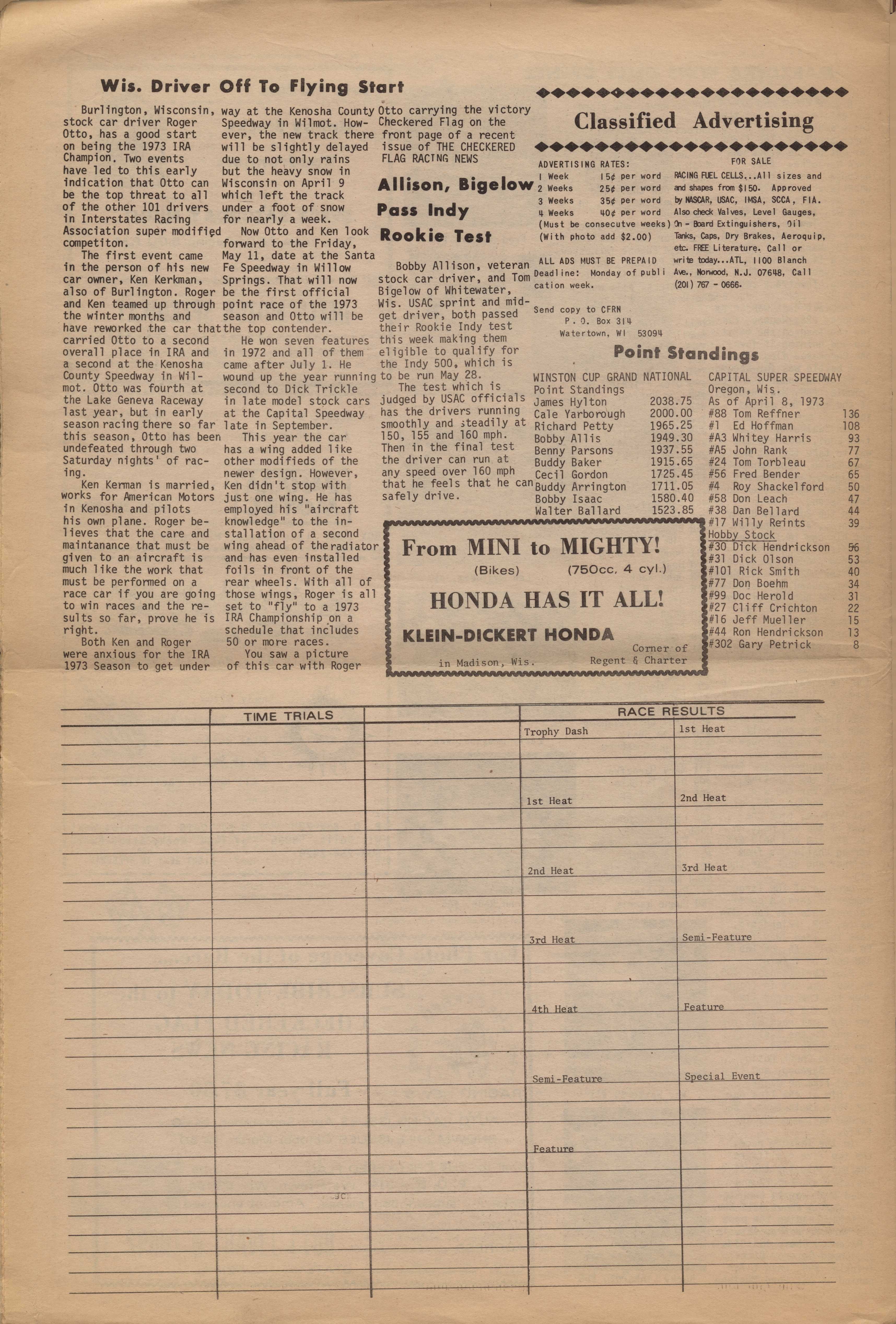 Checkered Flag Racing News May 2, 1973 back cover