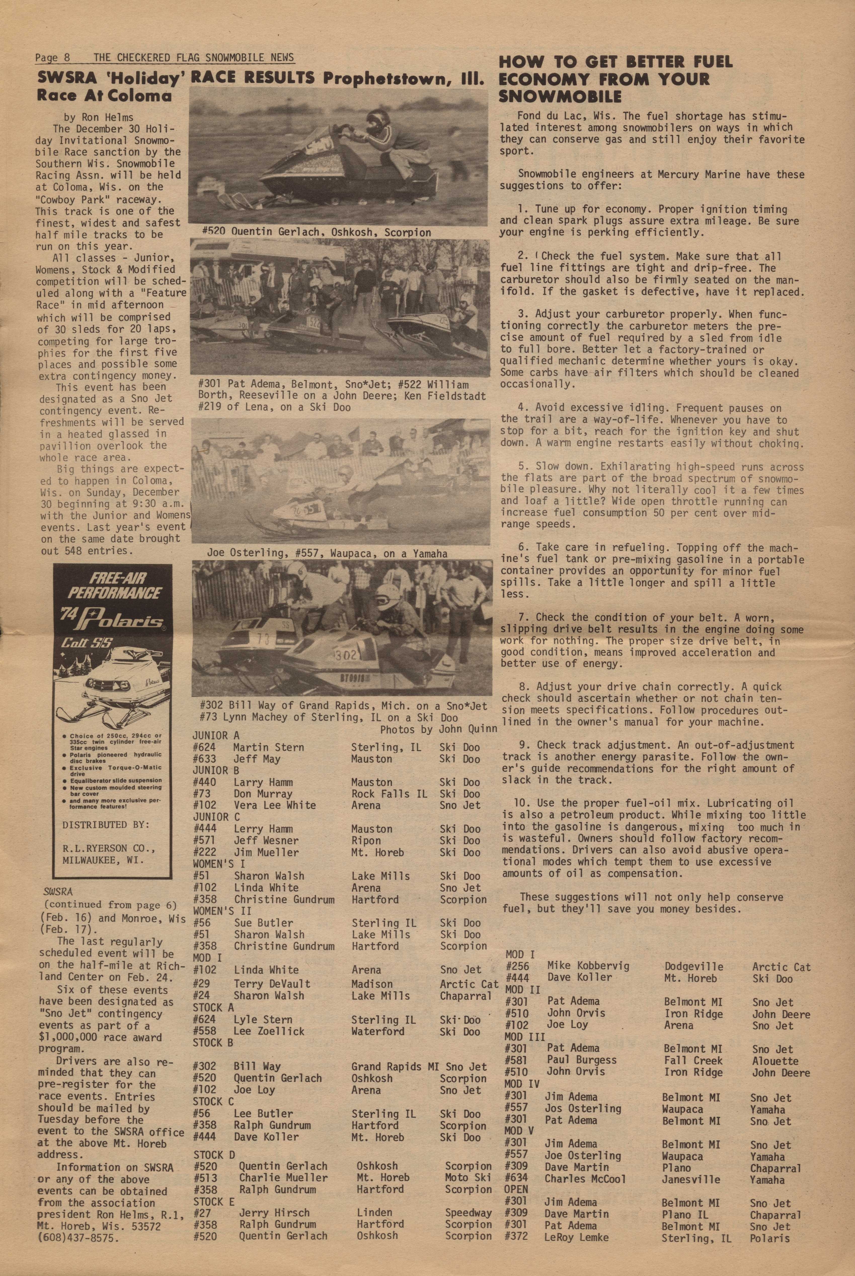 Checkered Flag Racing News November 23, 1973 back cover