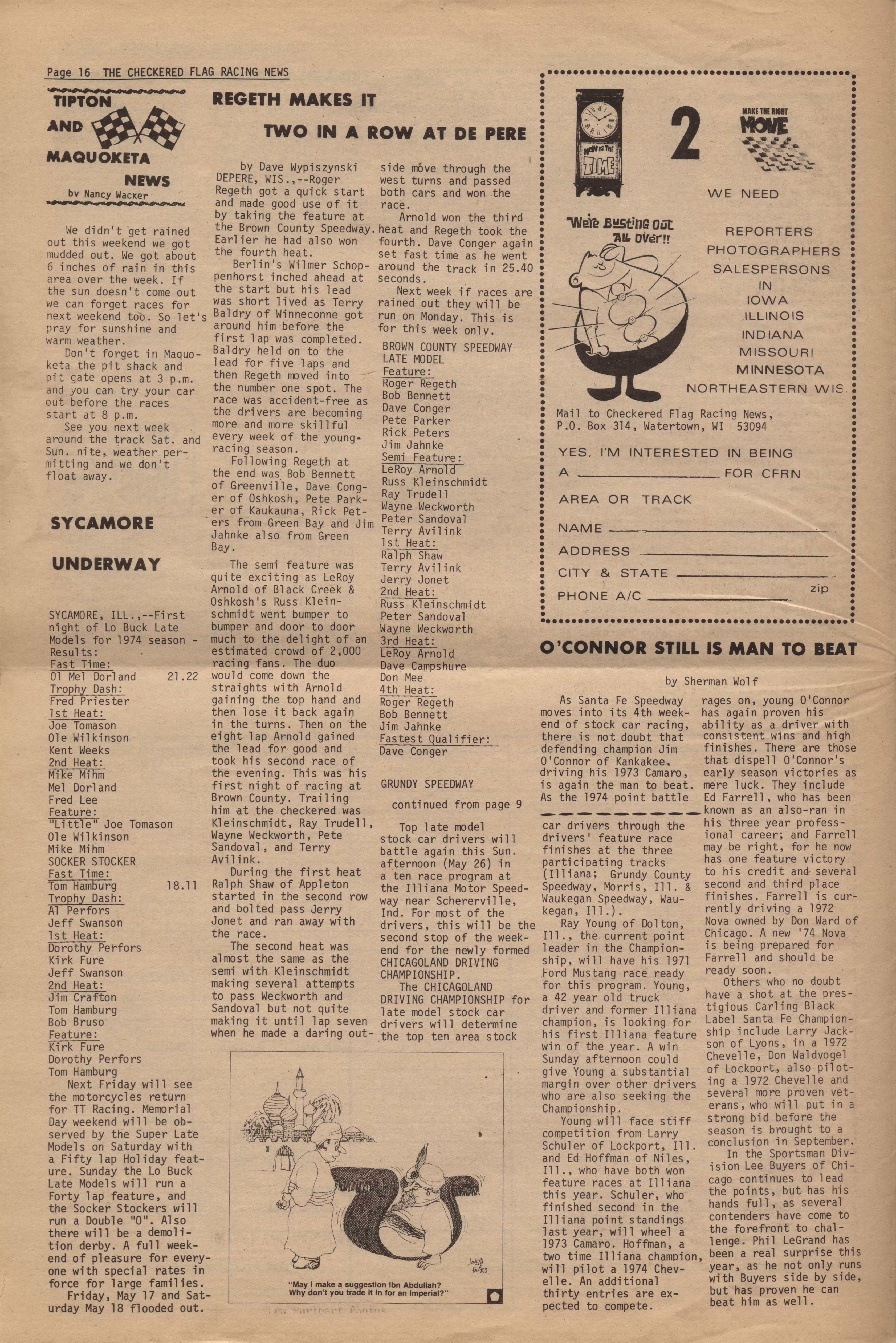 Checkered Flag Racing News May 22, 1974 back cover