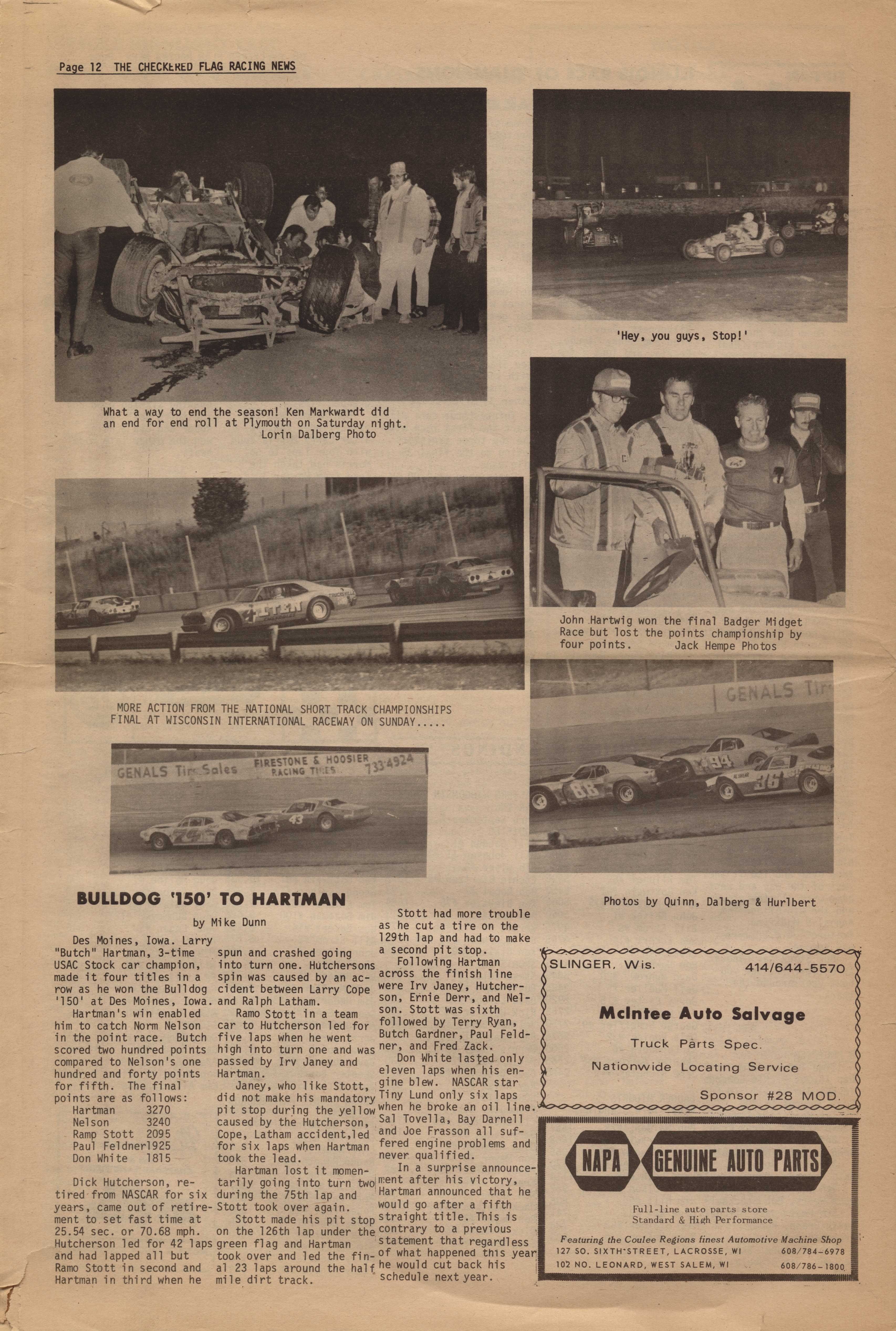 Checkered Flag Racing News September 18, 1974 back cover