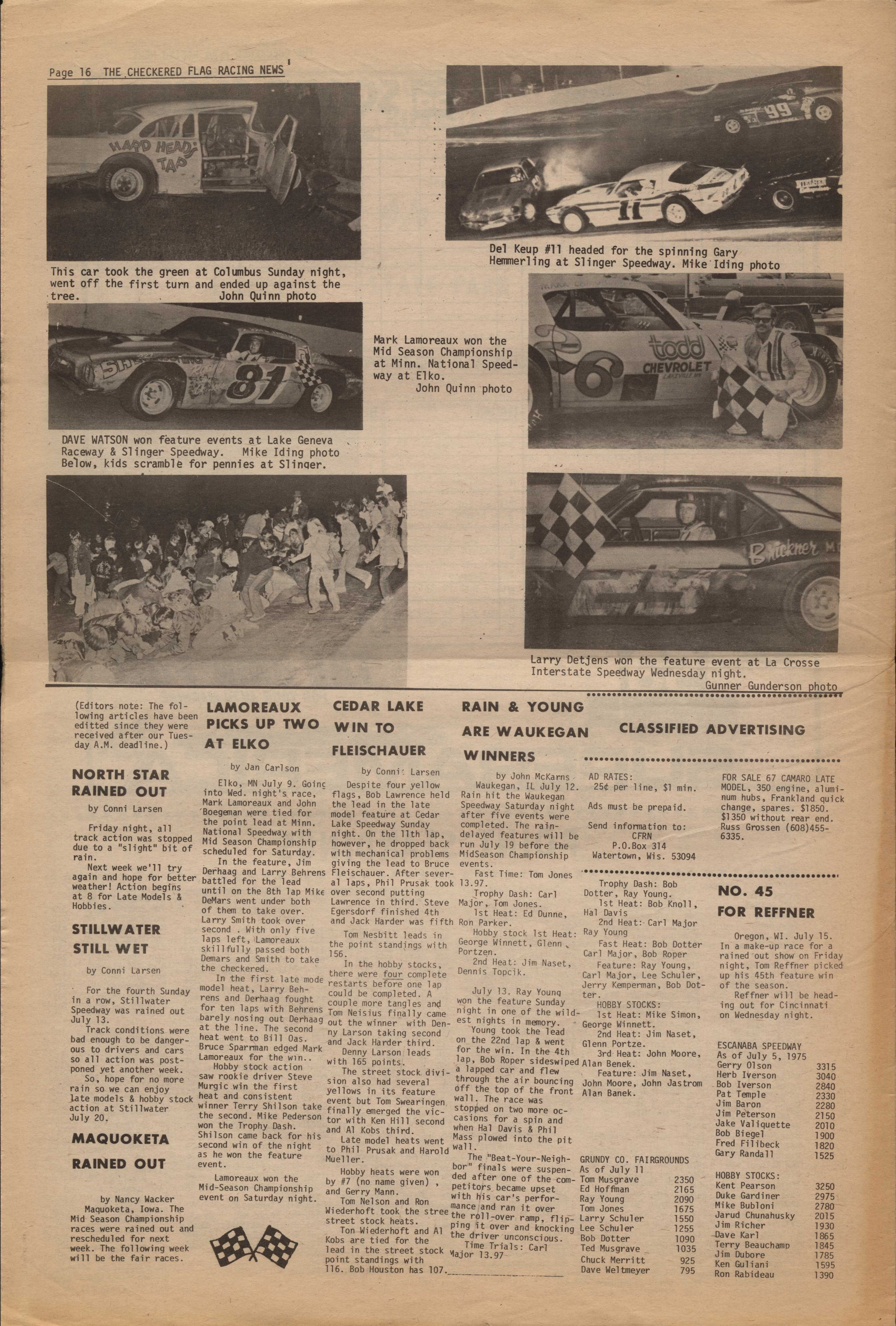 Checkered Flag Racing News July 16, 1975 back cover