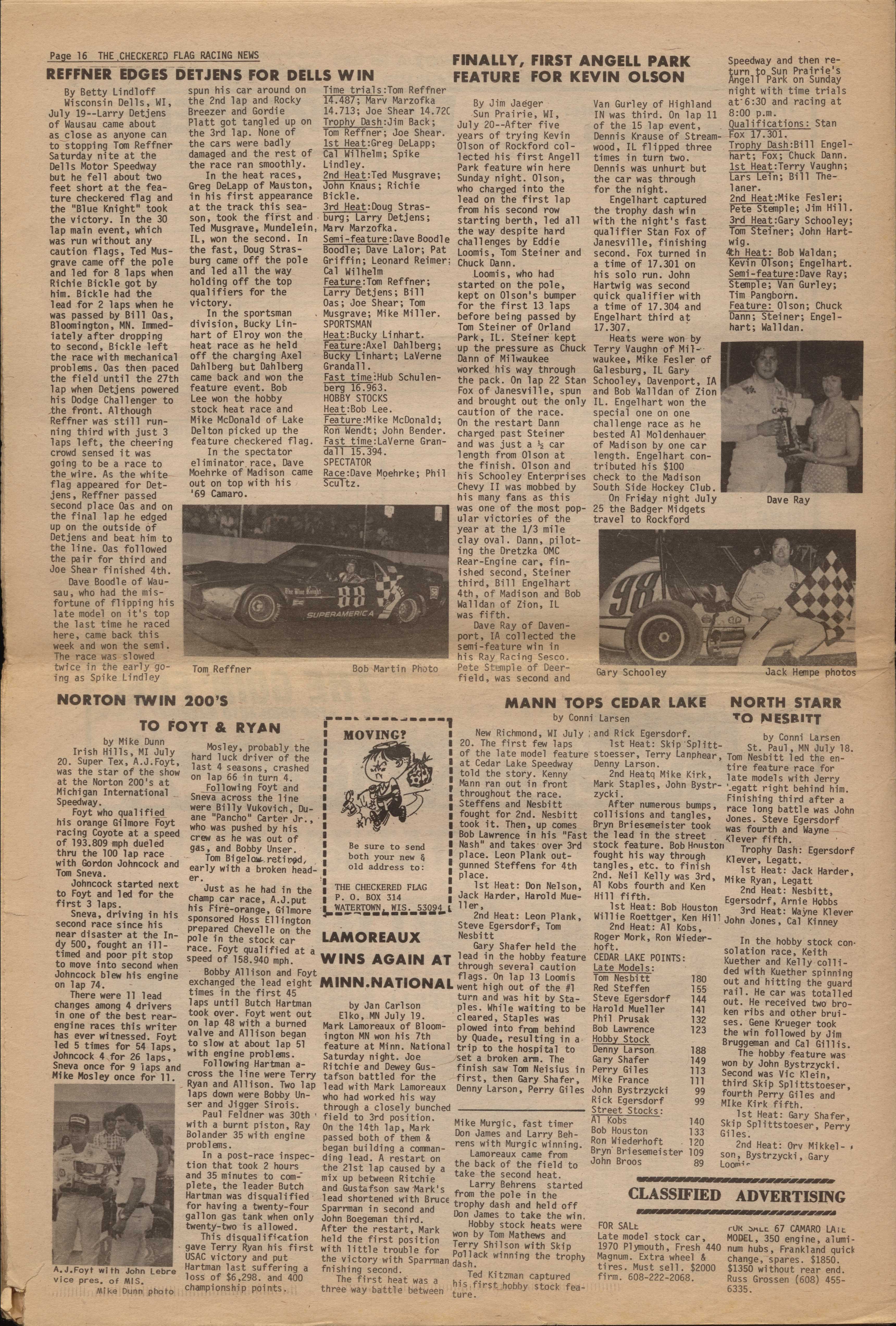 Checkered Flag Racing News July 23, 1975 back cover