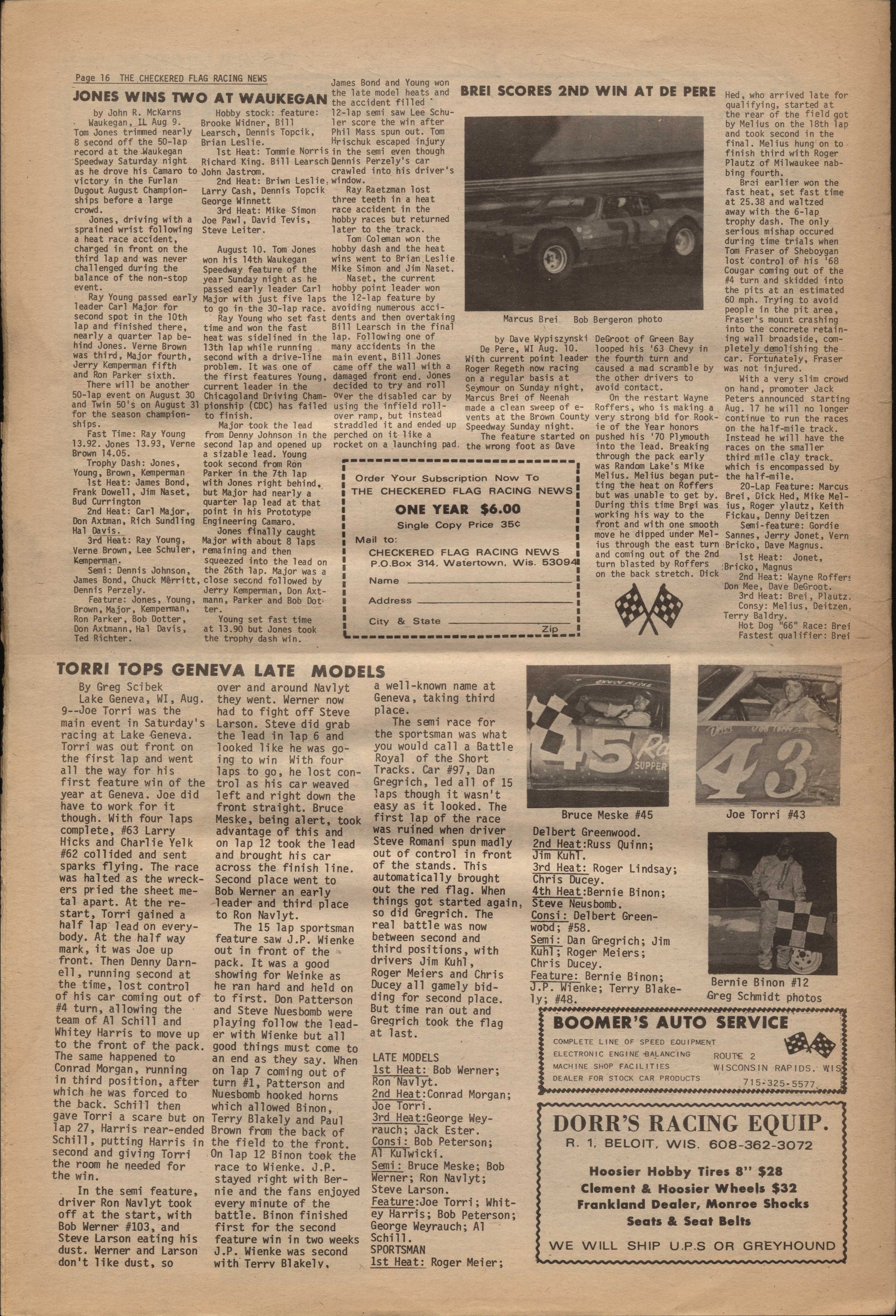 Checkered Flag Racing News August 13, 1975 back cover