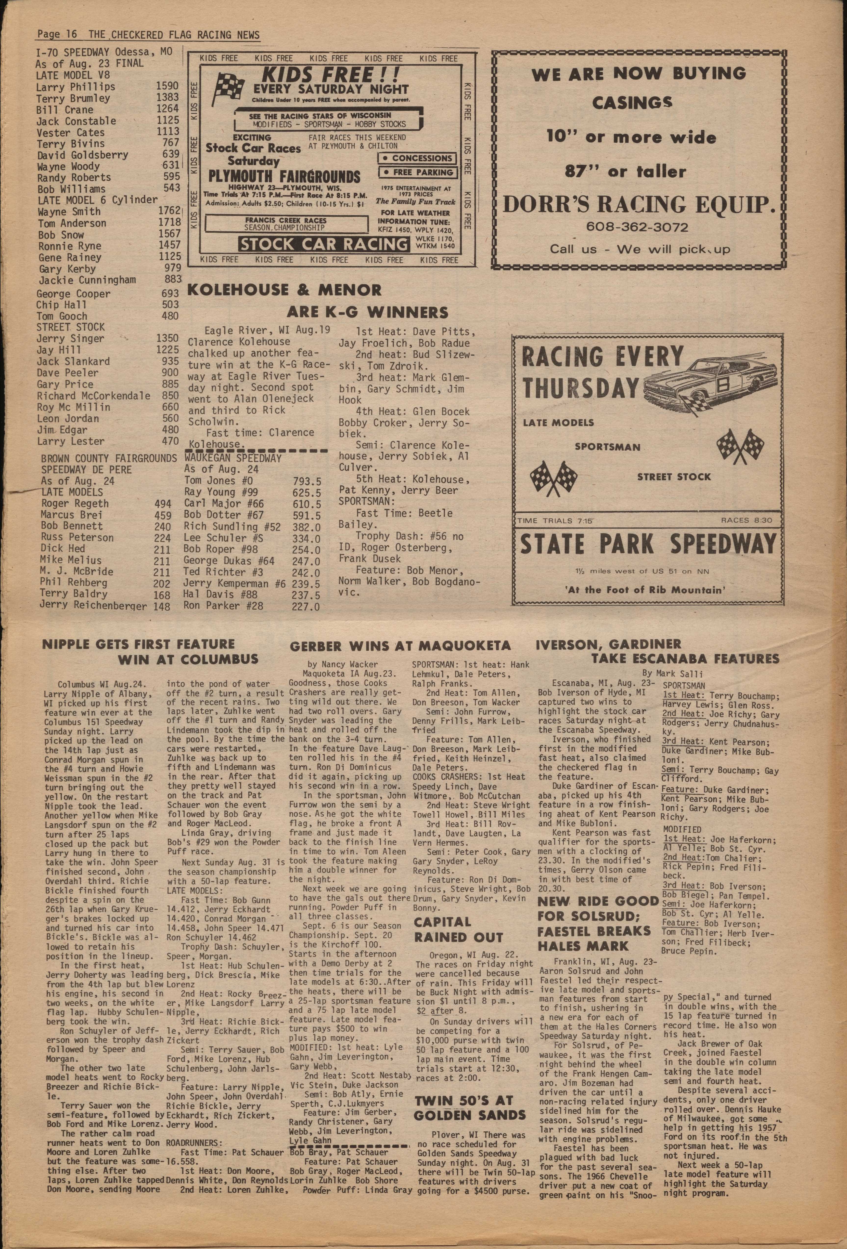 Checkered Flag Racing News August 27, 1975 back cover