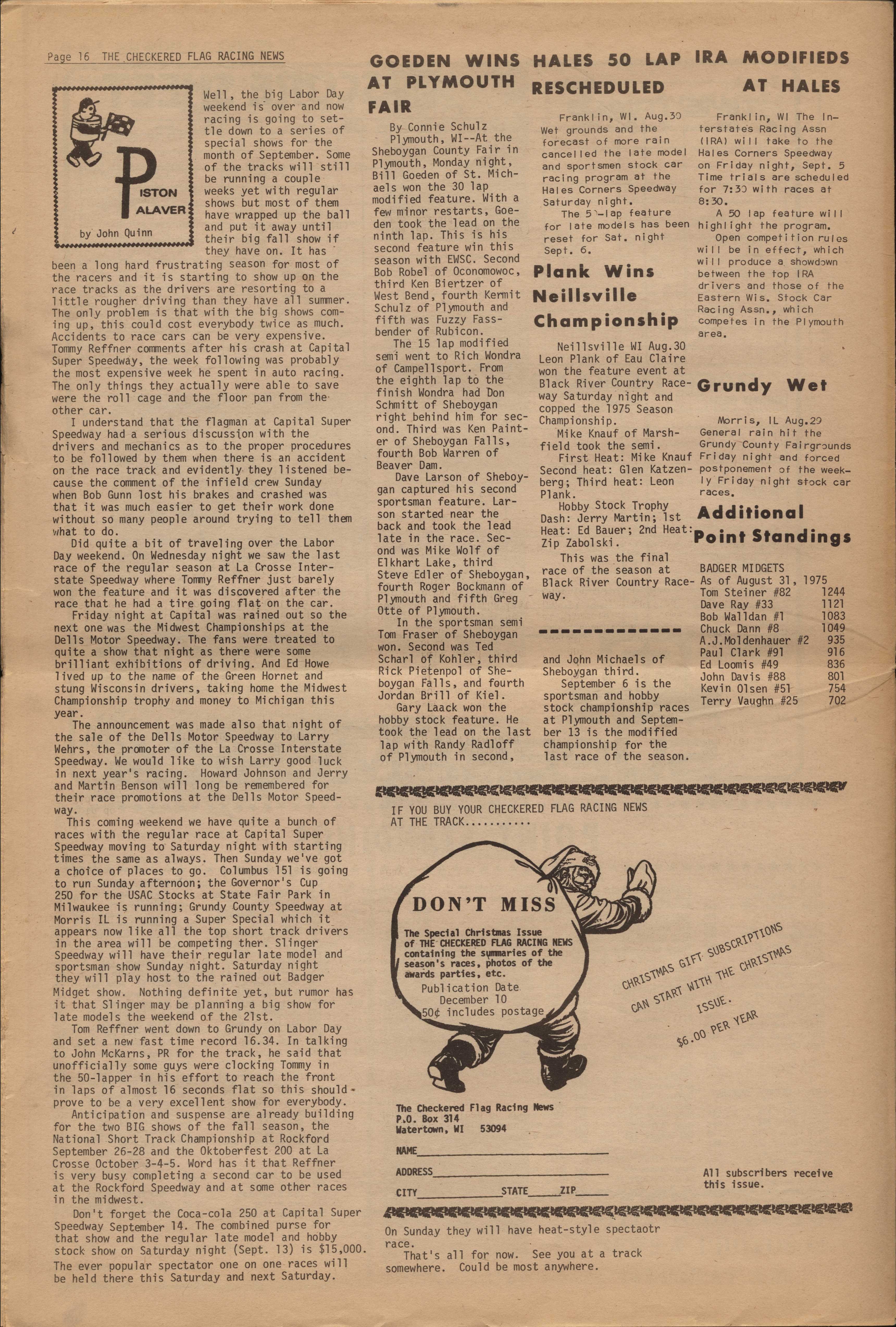 Checkered Flag Racing News September 3, 1975 back cover