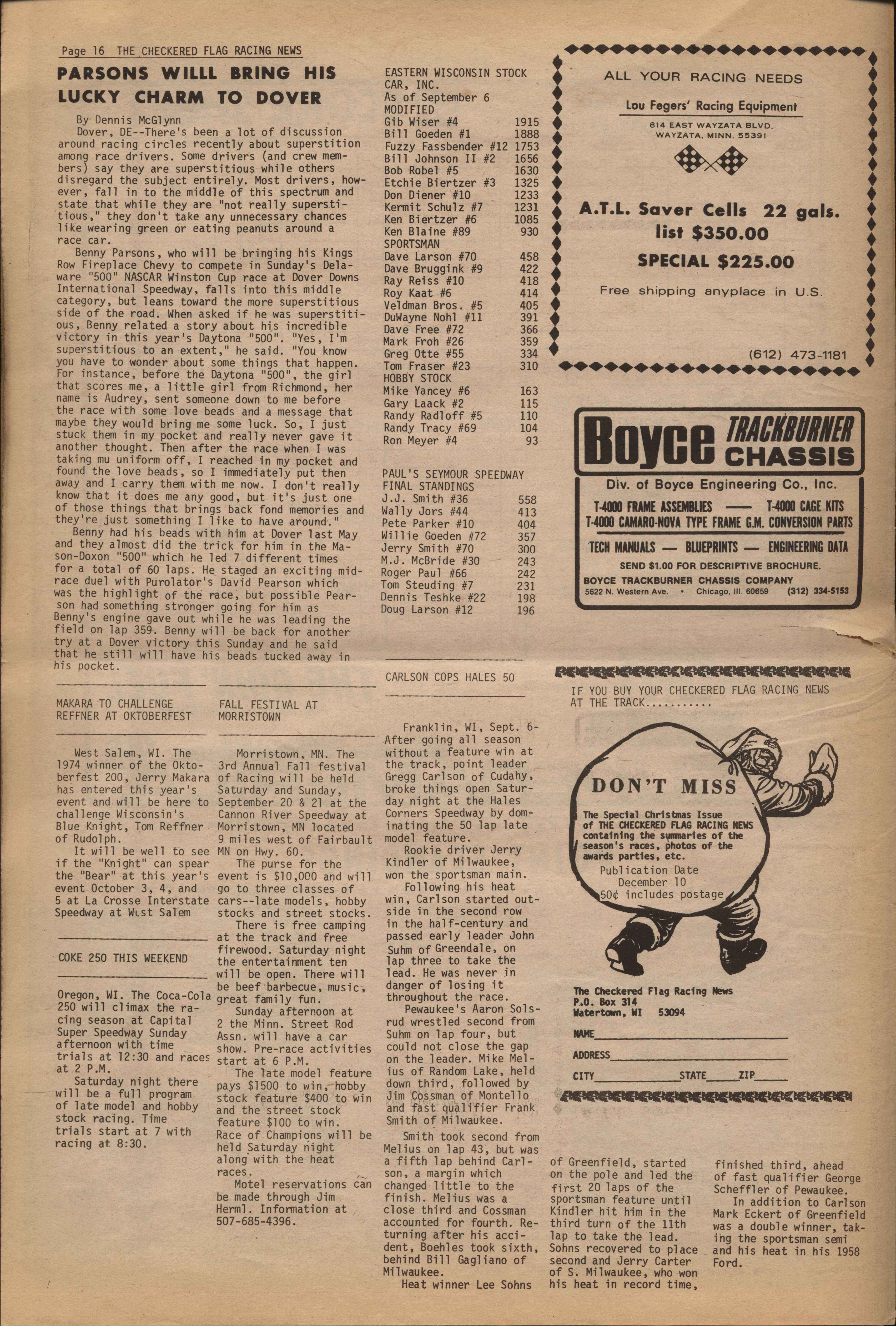 Checkered Flag Racing News September 10, 1975 back cover