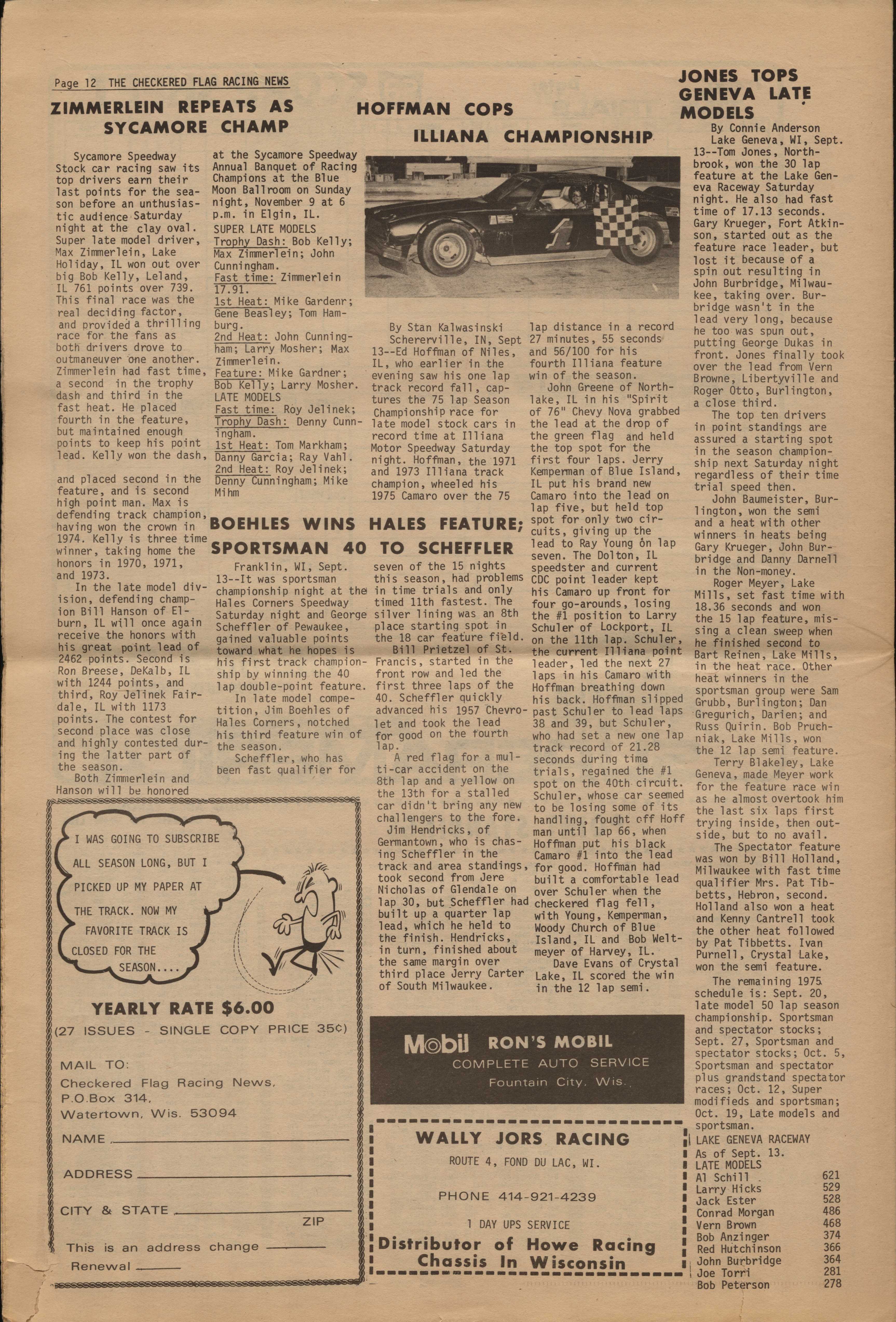 Checkered Flag Racing News September 17, 1975 back cover