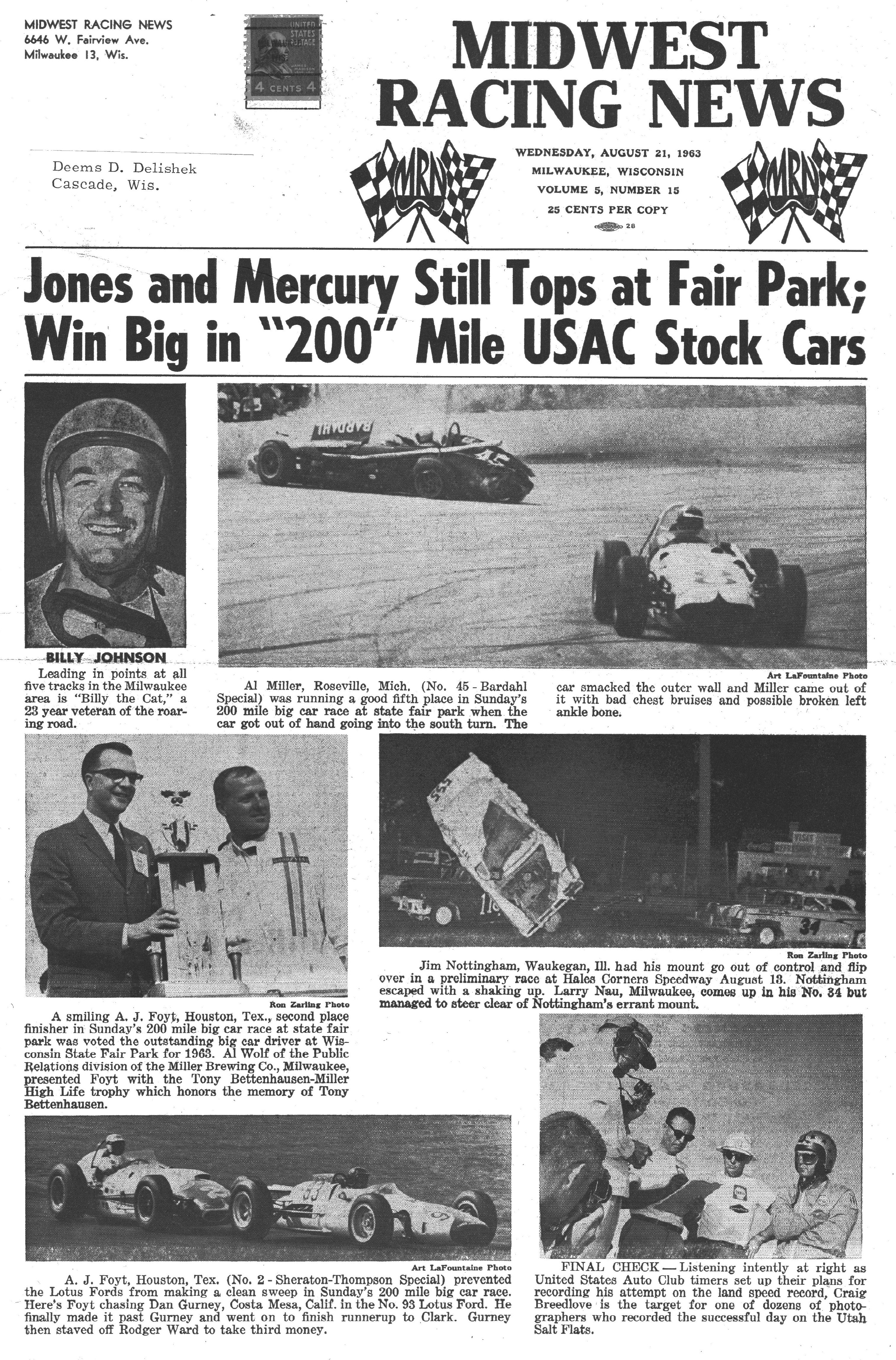 Midwest Racing News August 21, 1963 back cover