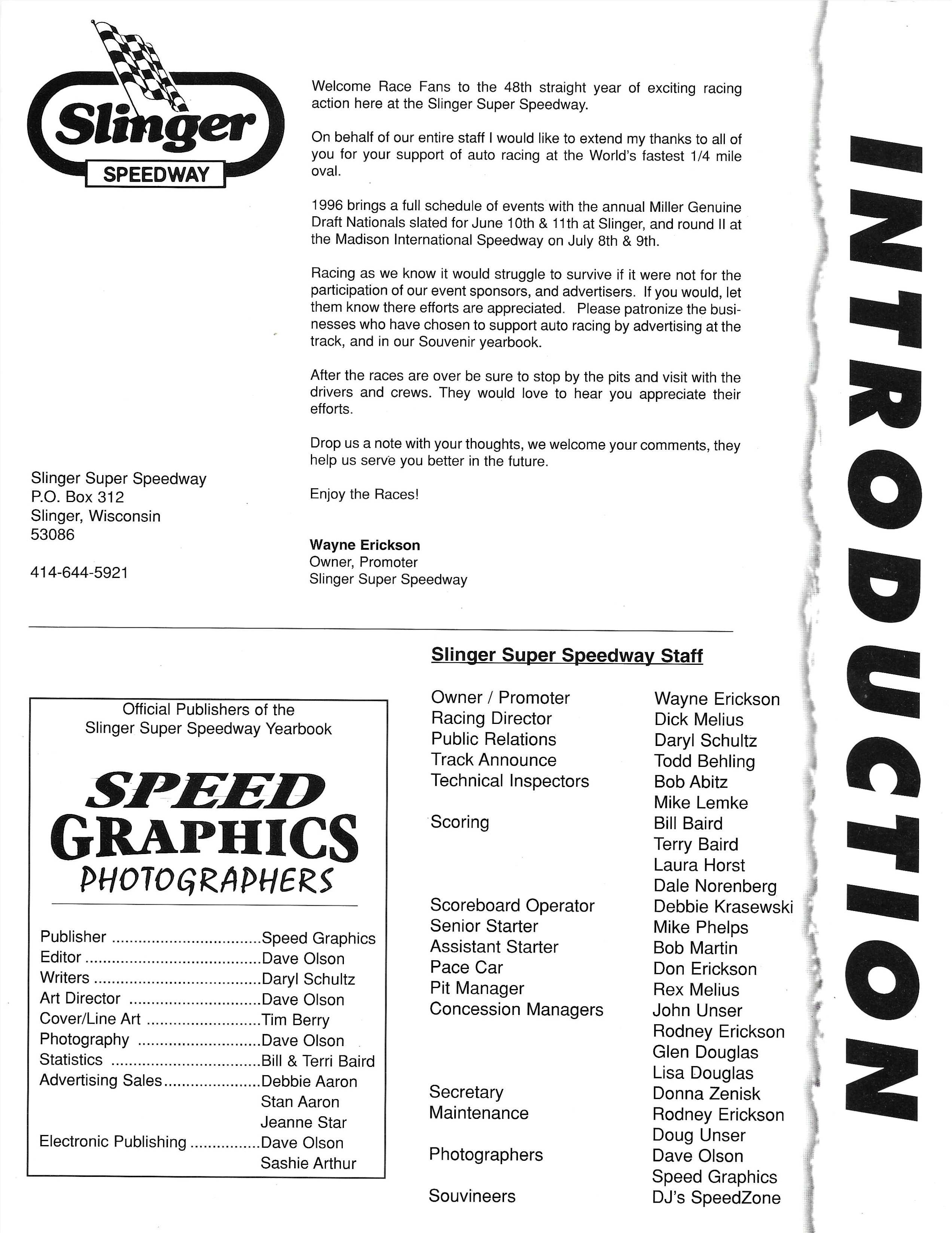 1996 Slinger Speedway Yearbook page 4
