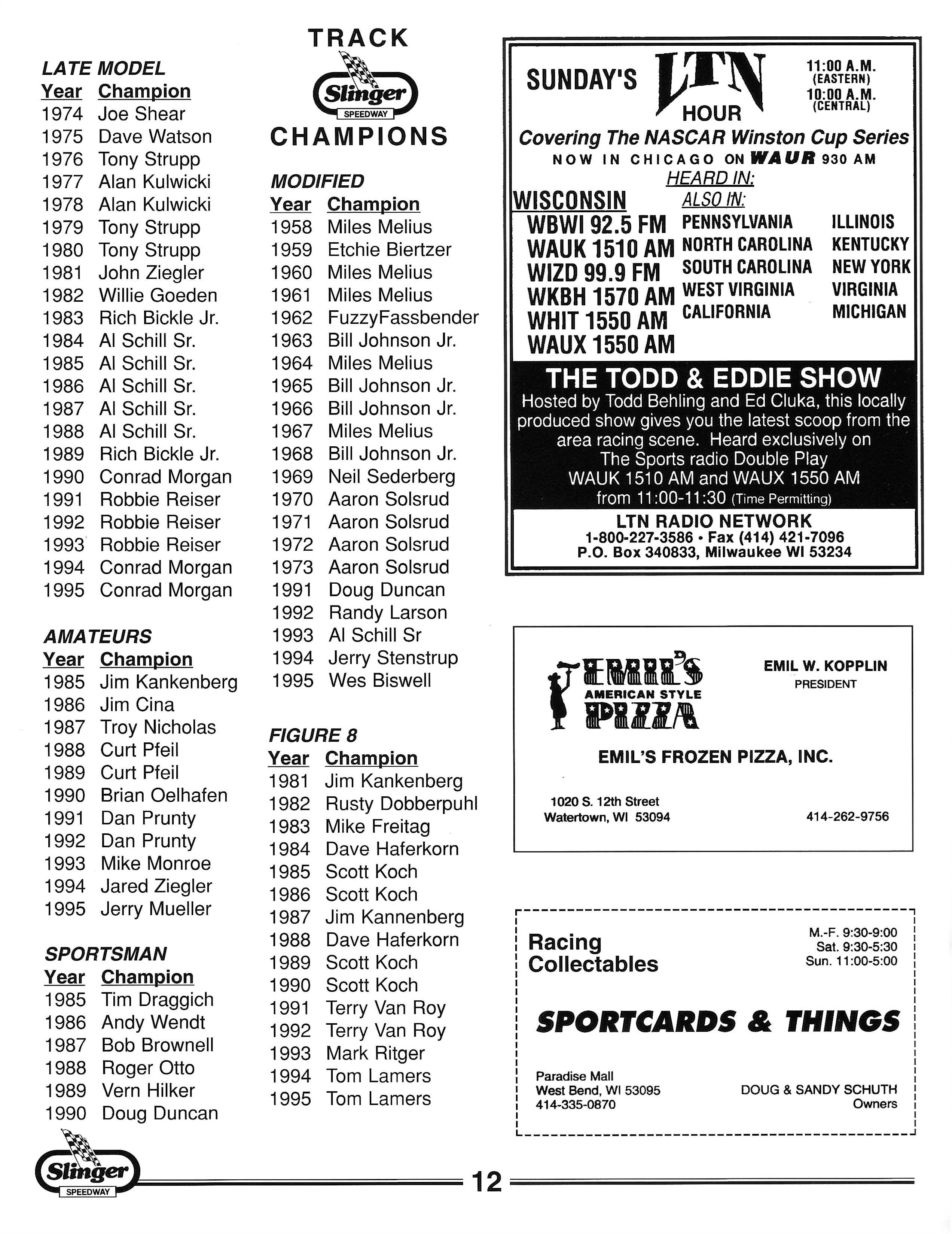 1996 Slinger Speedway Yearbook page 15