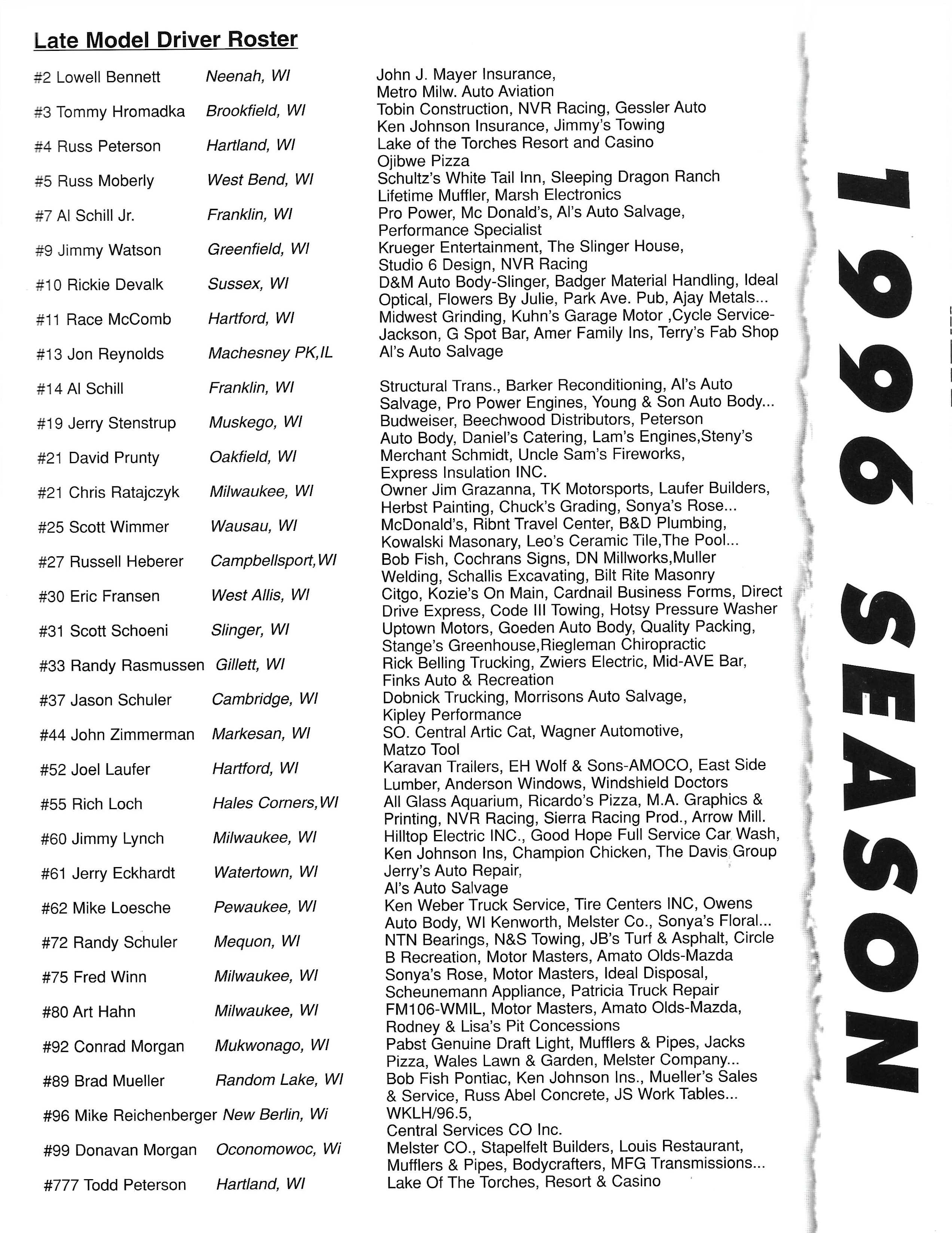 1996 Slinger Speedway Yearbook page 16